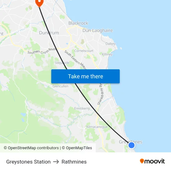 Greystones Station to Rathmines map