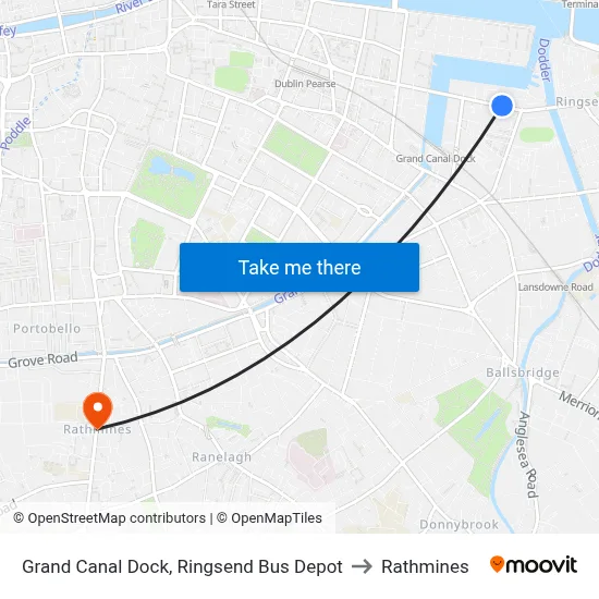 Grand Canal Dock, Ringsend Bus Depot to Rathmines map