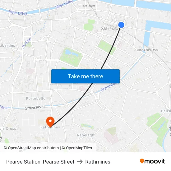 Pearse Station, Pearse Street to Rathmines map