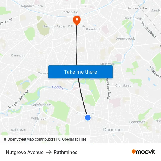 Nutgrove Avenue to Rathmines map