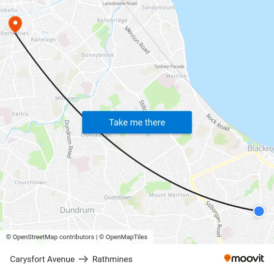 Carysfort Avenue to Rathmines map