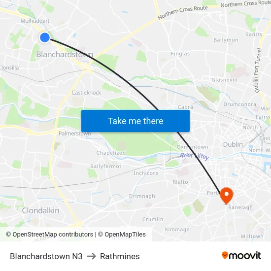 Blanchardstown N3 to Rathmines map