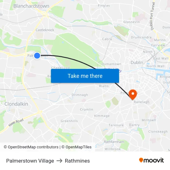 Palmerstown Village to Rathmines map