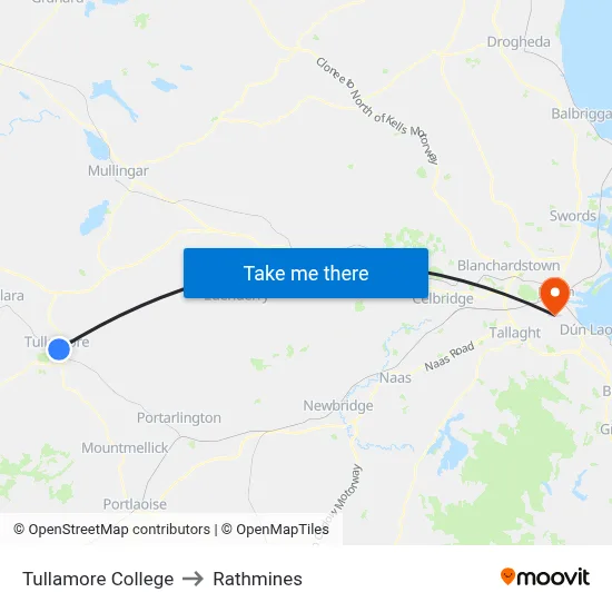 Tullamore College to Rathmines map