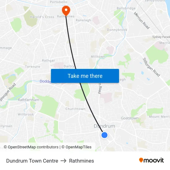 Dundrum Town Centre to Rathmines map
