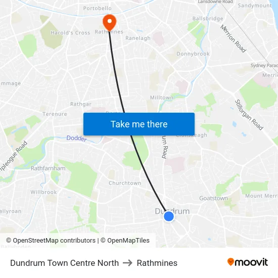 Dundrum Town Centre North to Rathmines map