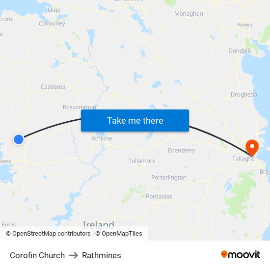 Corofin Church to Rathmines map