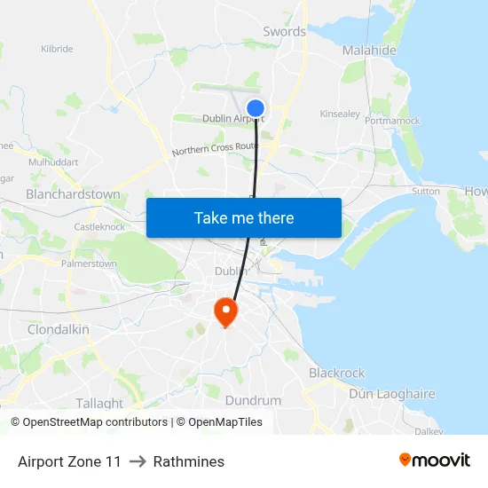 Airport Zone 11 to Rathmines map