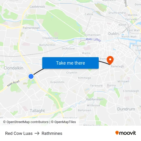 Red Cow Luas to Rathmines map