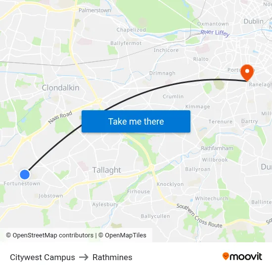 Citywest Campus to Rathmines map