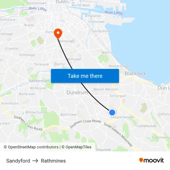 Sandyford to Rathmines map