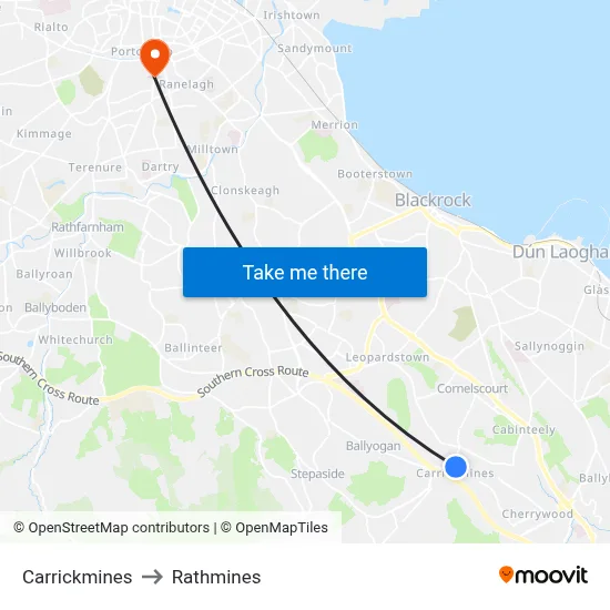 Carrickmines to Rathmines map