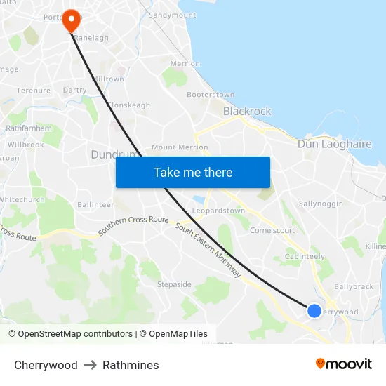Cherrywood to Rathmines map