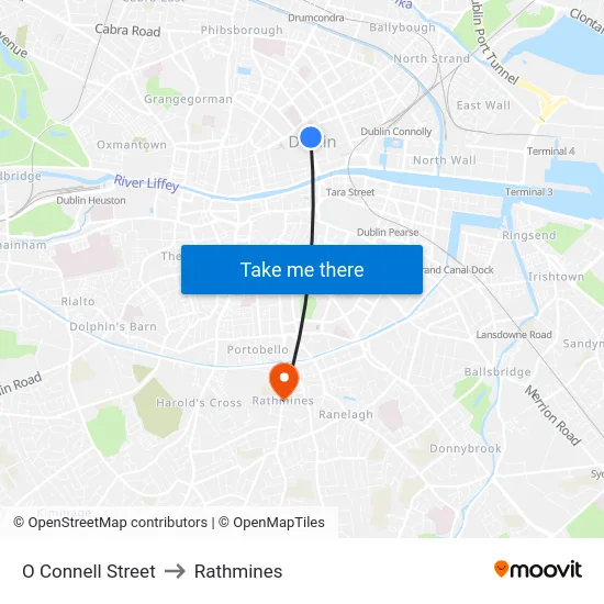 O Connell Street to Rathmines map