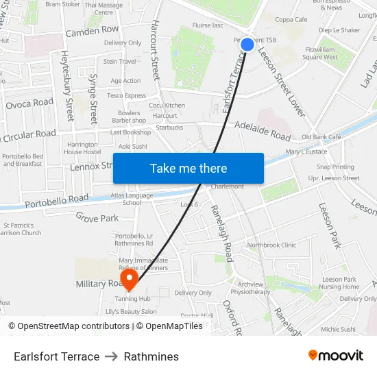 Earlsfort Terrace to Rathmines map