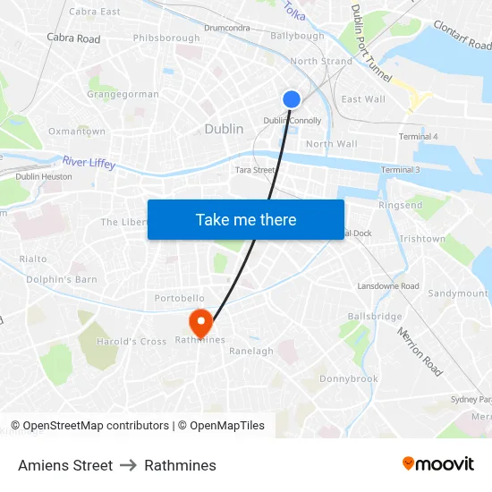 Amiens Street to Rathmines map