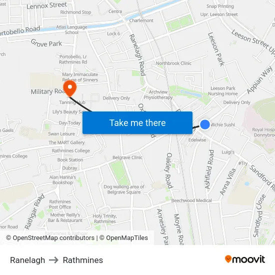 Ranelagh to Rathmines map