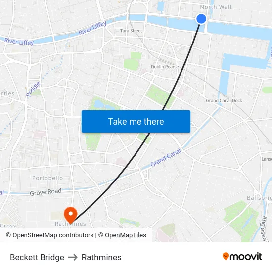 Beckett Bridge to Rathmines map