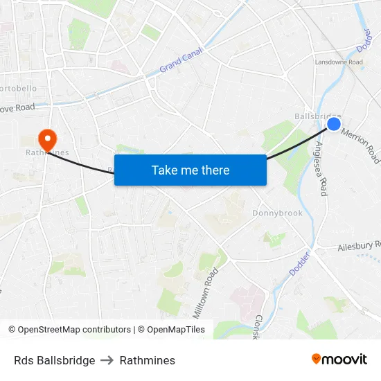Rds Ballsbridge to Rathmines map