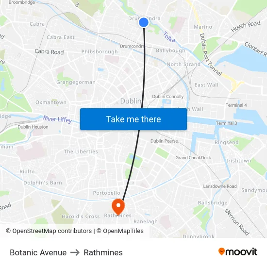 Botanic Avenue to Rathmines map