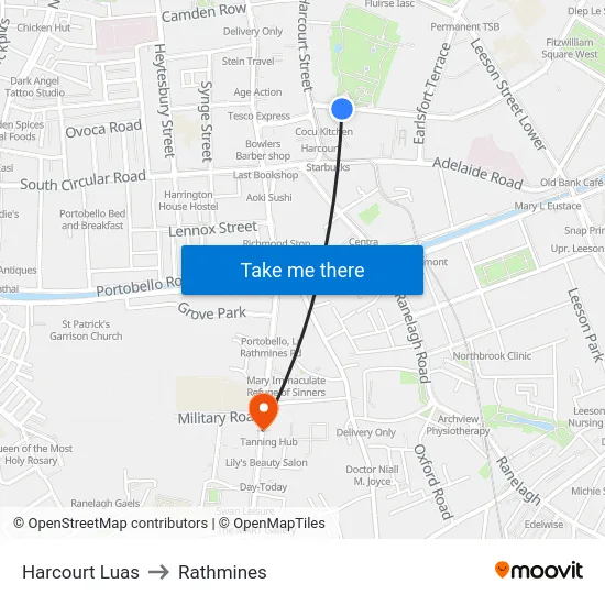 Harcourt Luas to Rathmines map