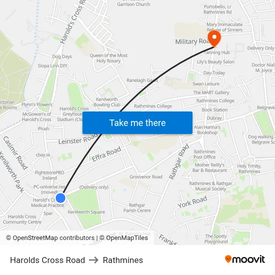 Harolds Cross Road to Rathmines map