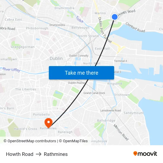 Howth Road to Rathmines map