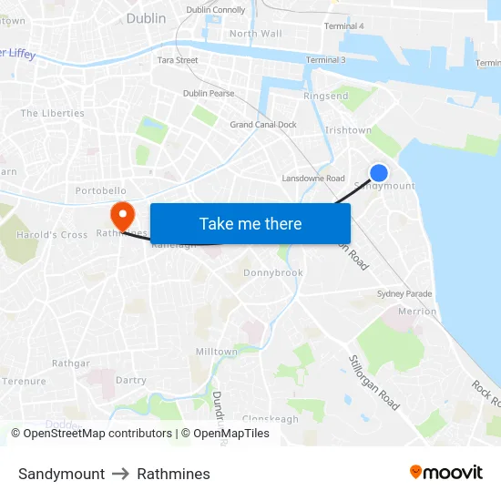Sandymount to Rathmines map