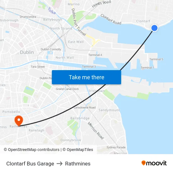 Clontarf Bus Garage to Rathmines map