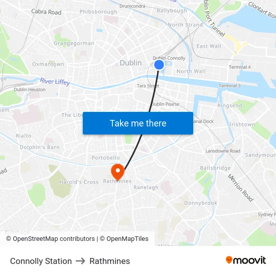 Connolly Station to Rathmines map