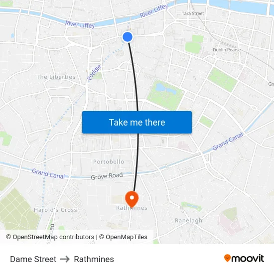 Dame Street to Rathmines map