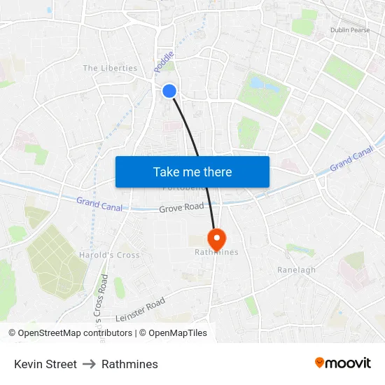 Kevin Street to Rathmines map