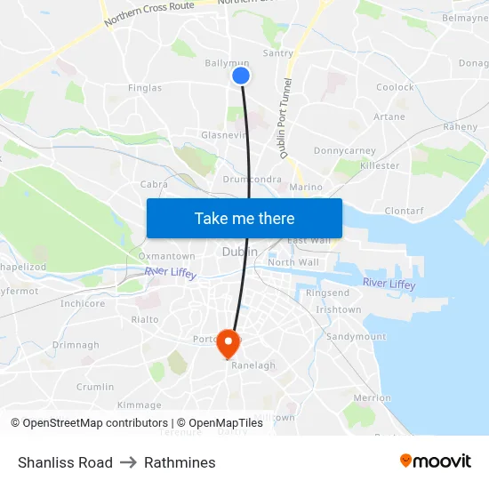 Shanliss Road to Rathmines map