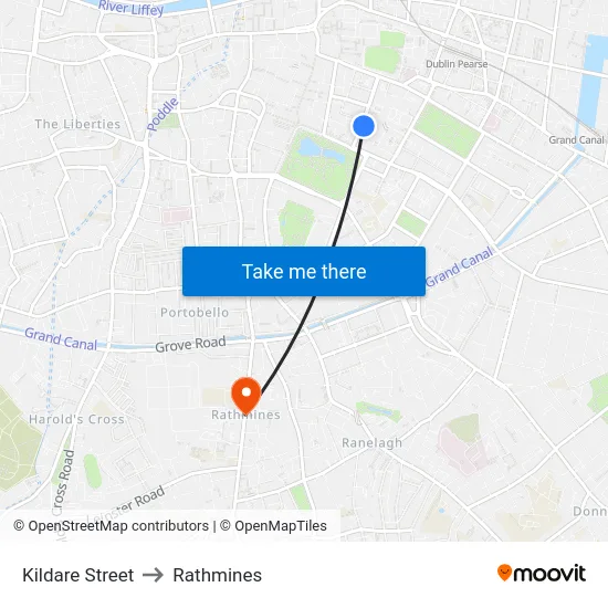 Kildare Street to Rathmines map