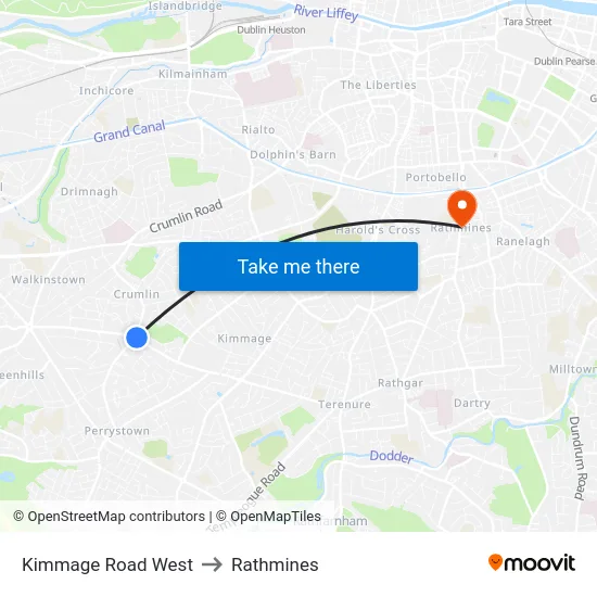 Kimmage Road West to Rathmines map