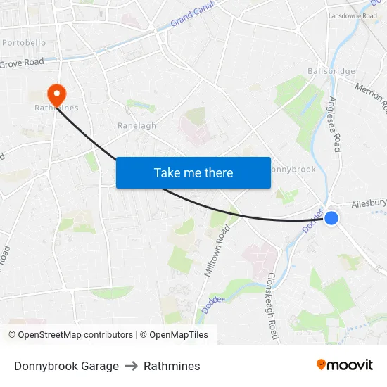 Donnybrook Garage to Rathmines map