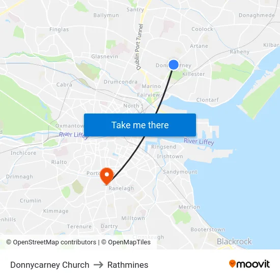 Donnycarney Church to Rathmines map