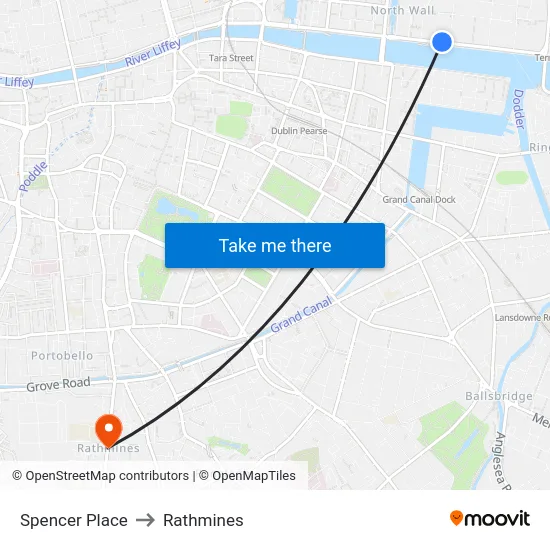 Spencer Place to Rathmines map