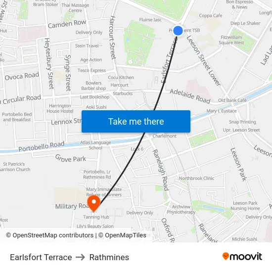 Earlsfort Terrace to Rathmines map