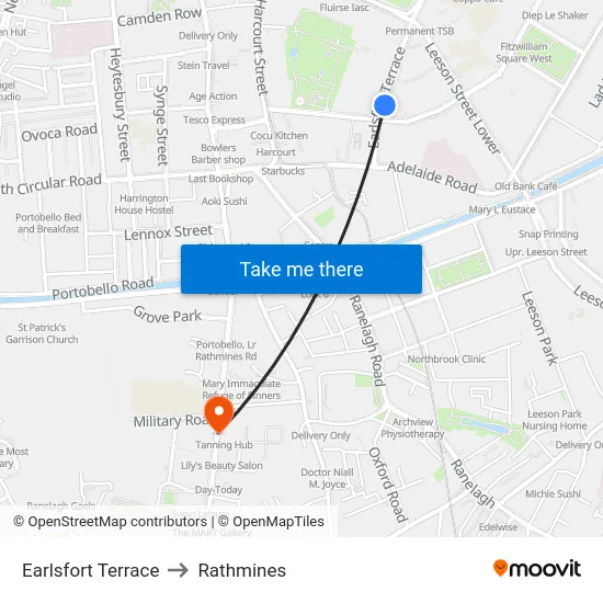 Earlsfort Terrace to Rathmines map