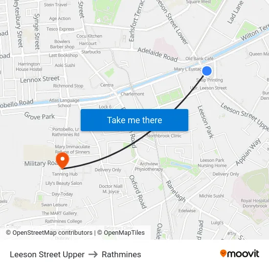 Leeson Street Upper to Rathmines map