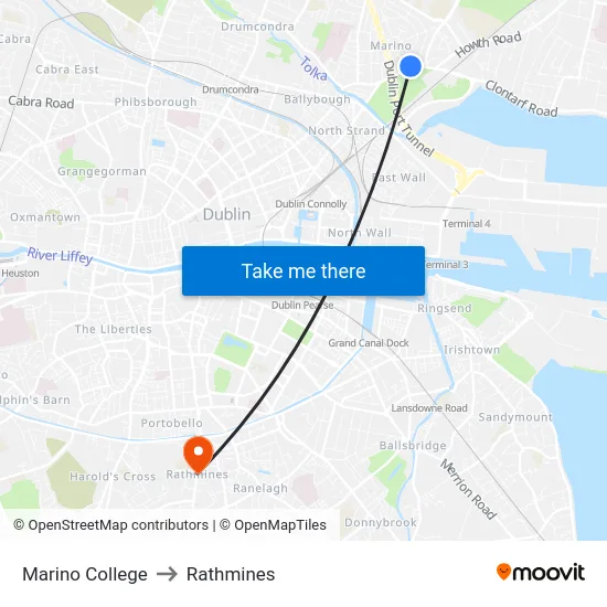 Marino College to Rathmines map