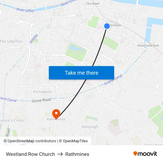 Westland Row Church to Rathmines map