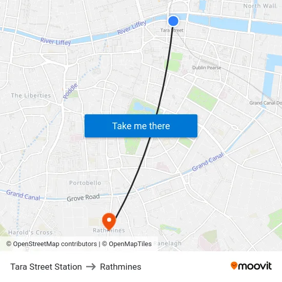 Tara Street Station to Rathmines map