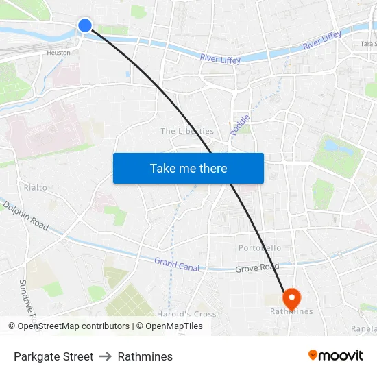 Parkgate Street to Rathmines map