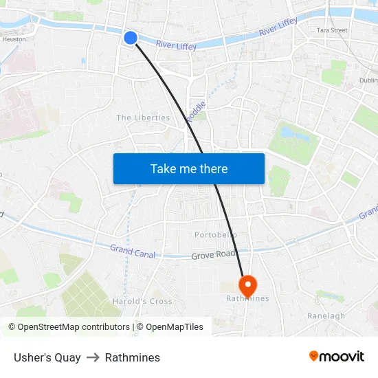 Usher's Quay to Rathmines map