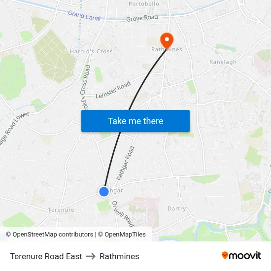 Terenure Road East to Rathmines map