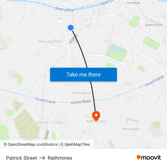 Patrick Street to Rathmines map