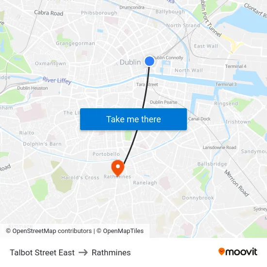 Talbot Street East to Rathmines map