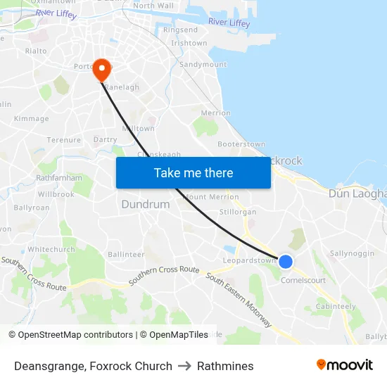 Deansgrange, Foxrock Church to Rathmines map